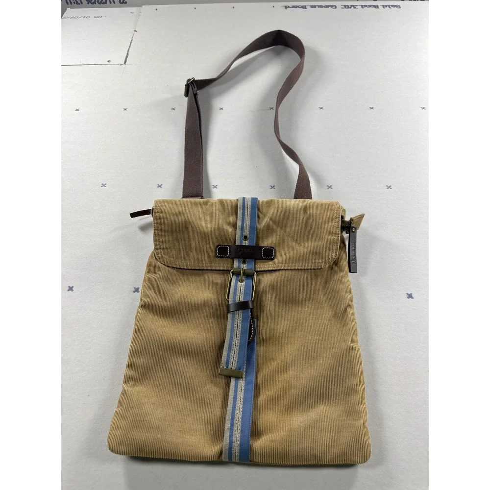 Guess Messenger Bag Tan Corduroy Blue Stripe Y2K Crossbody Adjustable Strap